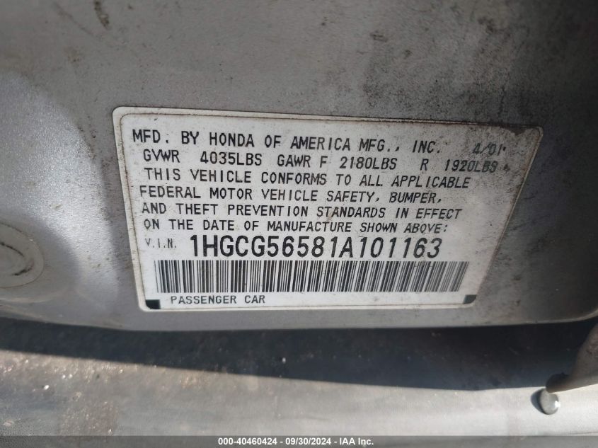 1HGCG56581A101163 2001 Honda Accord 2.3 Lx