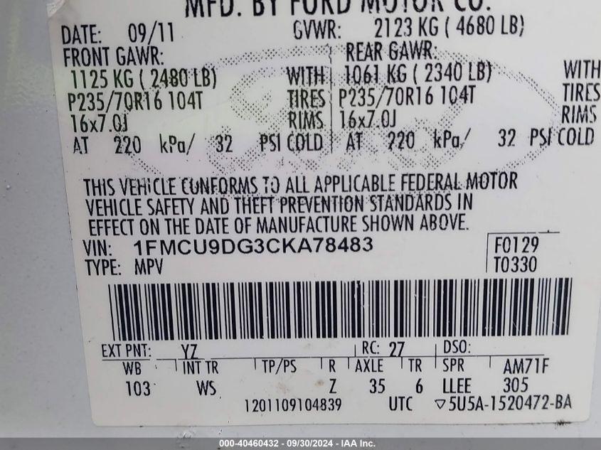 1FMCU9DG3CKA78483 2012 Ford Escape Xlt