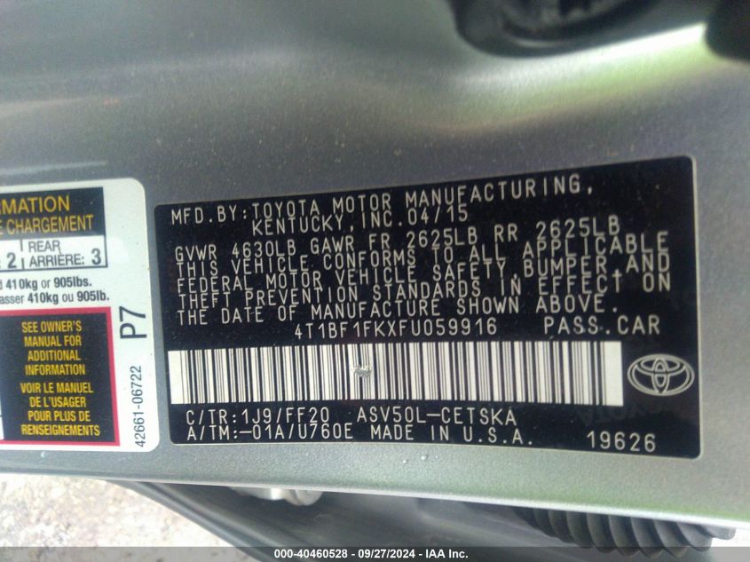 4T1BF1FKXFU059916 2015 Toyota Camry Se