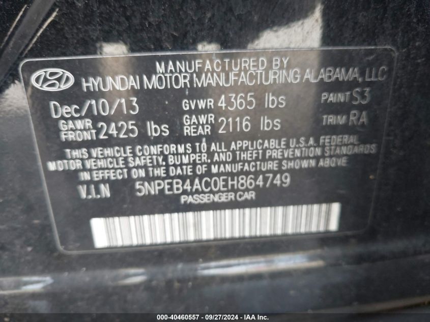 5NPEB4AC0EH864749 2014 Hyundai Sonata Gls