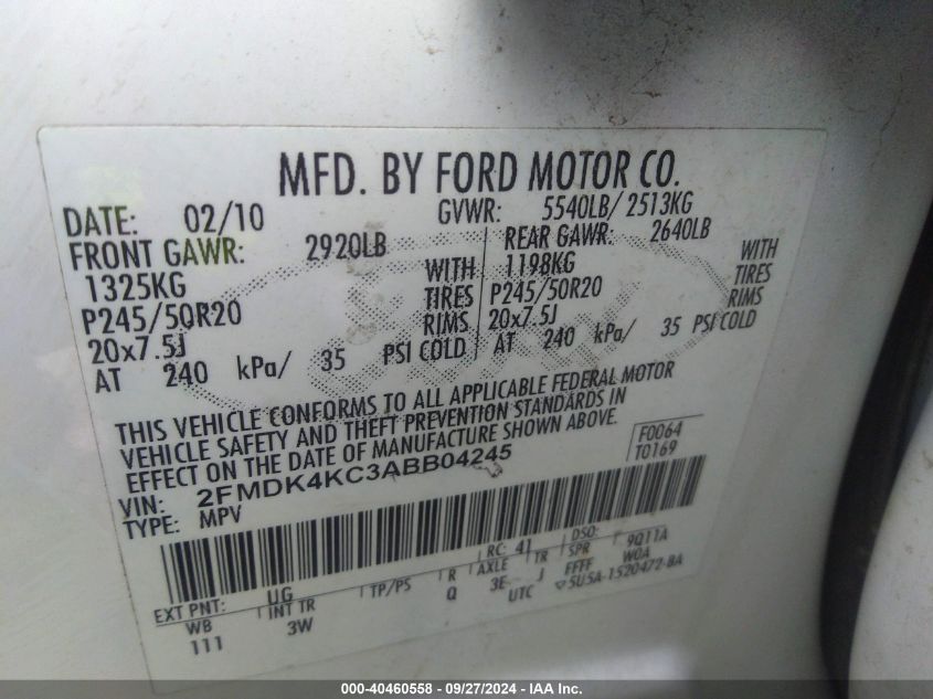 2010 Ford Edge Limited VIN: 2FMDK4KC3ABB04245 Lot: 40460558