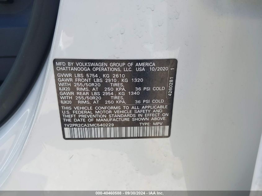 1V2PR2CA2MC540229 2021 Volkswagen Atlas Se