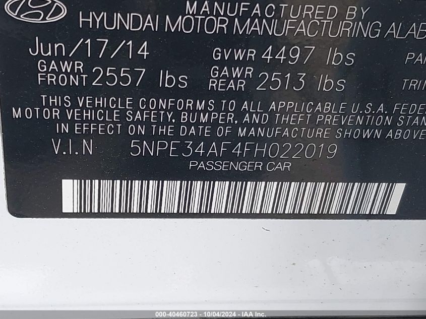 5NPE34AF4FH022019 2015 Hyundai Sonata Limited