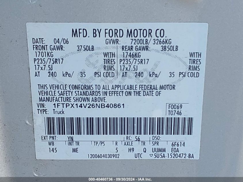 1FTPX14V26NB40861 2006 Ford F-150 Fx4/Lariat/Xl/Xlt