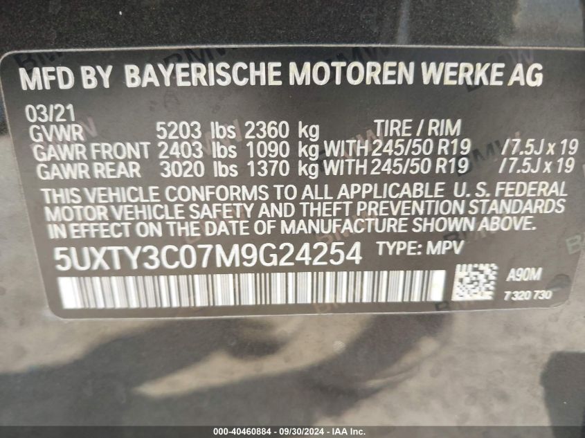 VIN 5UXTY3C07M9G24254 2021 BMW X3 no.9