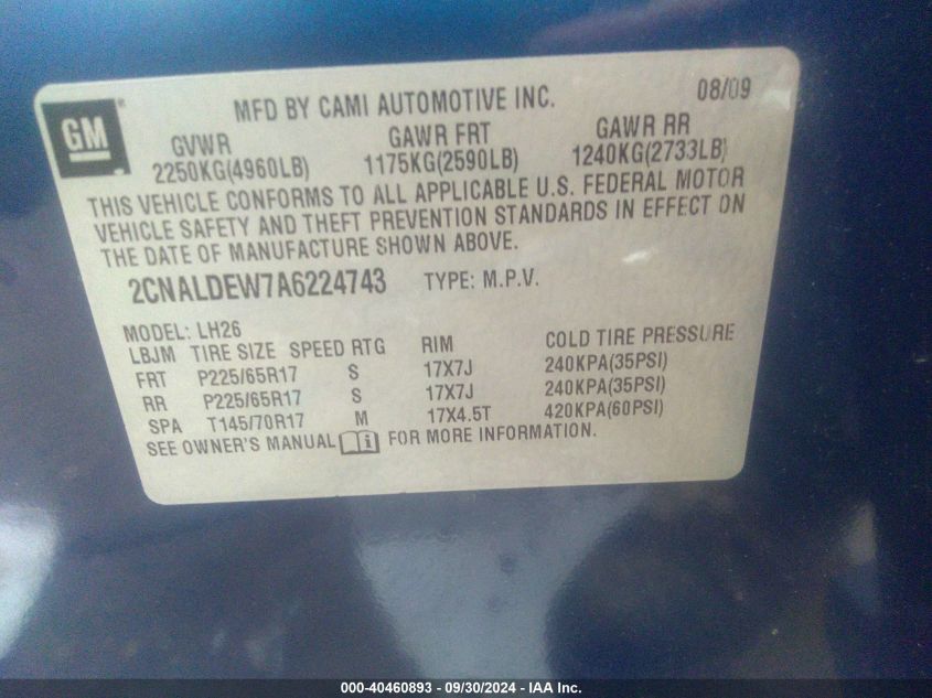 2CNALDEW7A6224743 2010 Chevrolet Equinox Lt