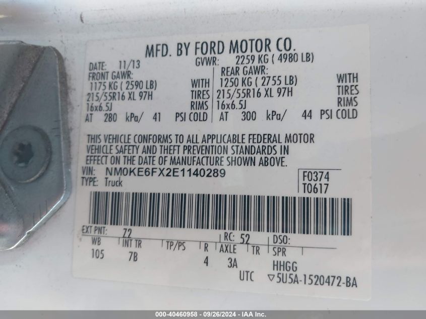 NM0KE6FX2E1140289 2014 Ford Transit Connect Xlt