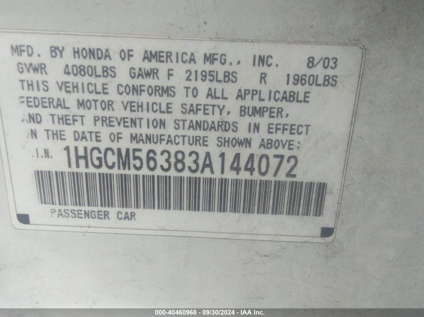 1HGCM56383A144072 2003 Honda Accord Lx