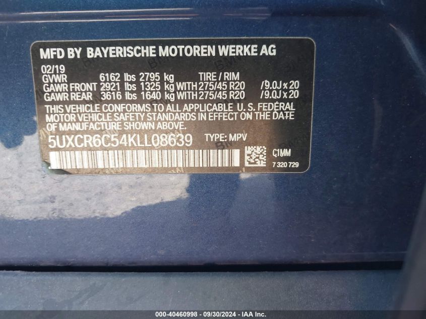 5UXCR6C54KLL08639 2019 BMW X5 xDrive40I