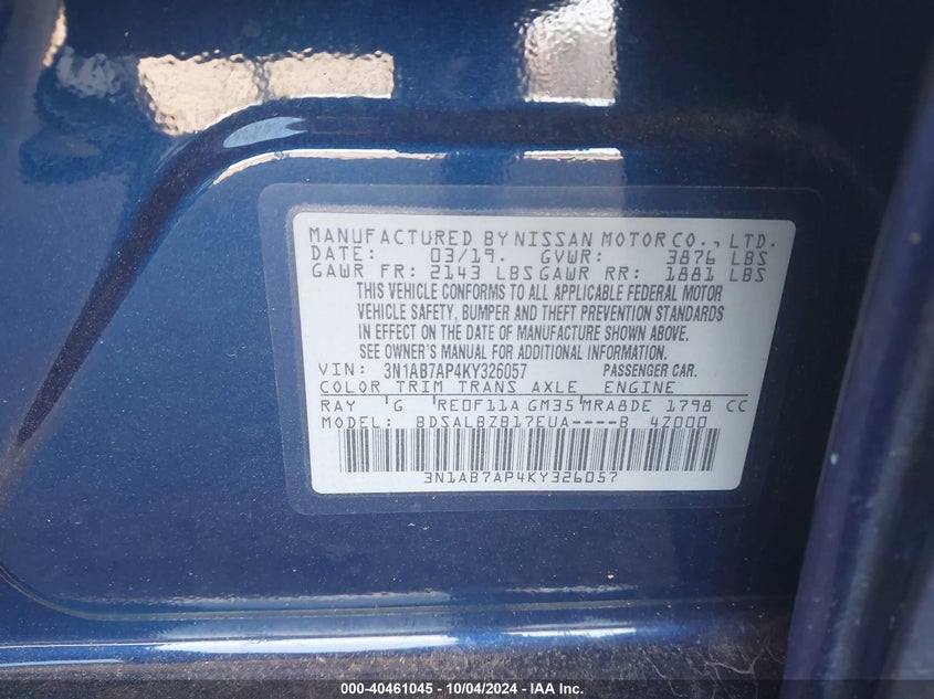 3N1AB7AP4KY326057 2019 Nissan Sentra S