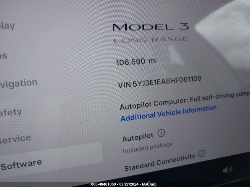 2017 Tesla Model 3 Long Range/Standard VIN: 5YJ3E1EA8HF001108 Lot: 40461050