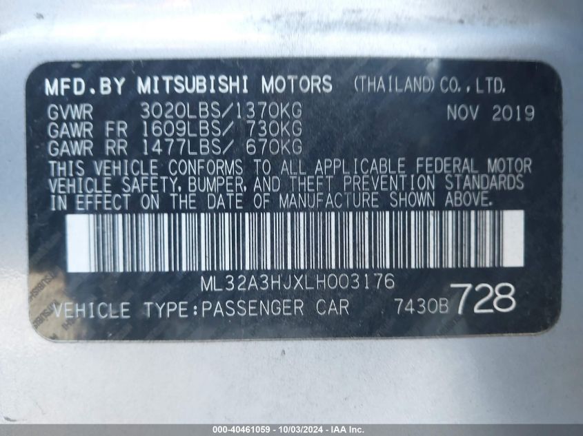 2020 Mitsubishi Mirage Se VIN: ML32A3HJXLH003176 Lot: 40461059