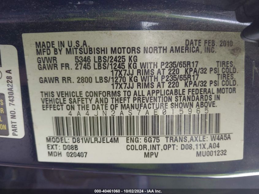 2010 Mitsubishi Endeavor VIN: 4A4JN2AS7AE015965 Lot: 40461060