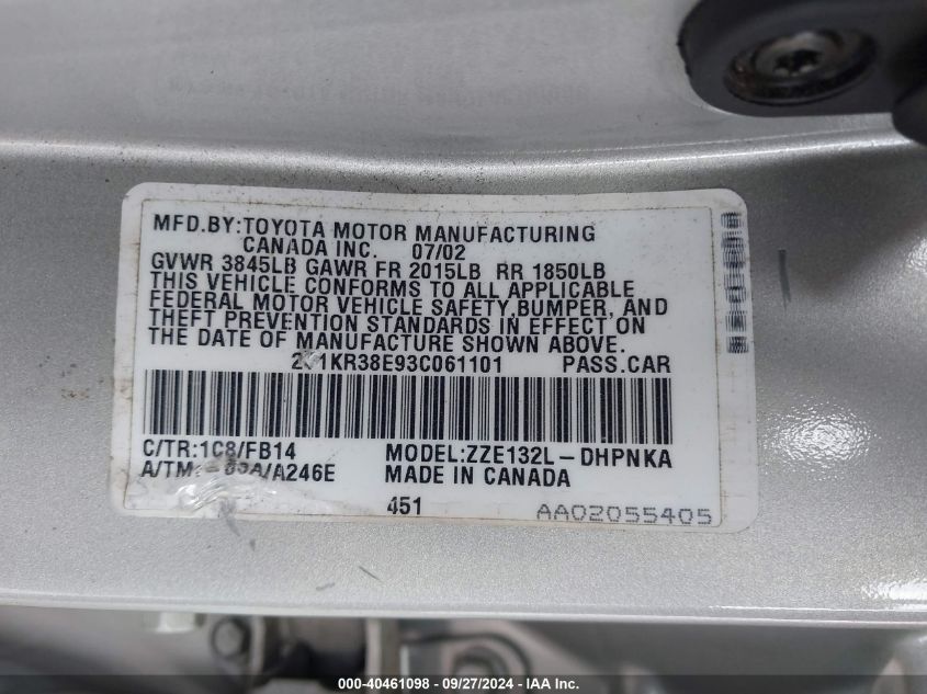 2T1KR38E93C061101 2003 Toyota Matrix Xr