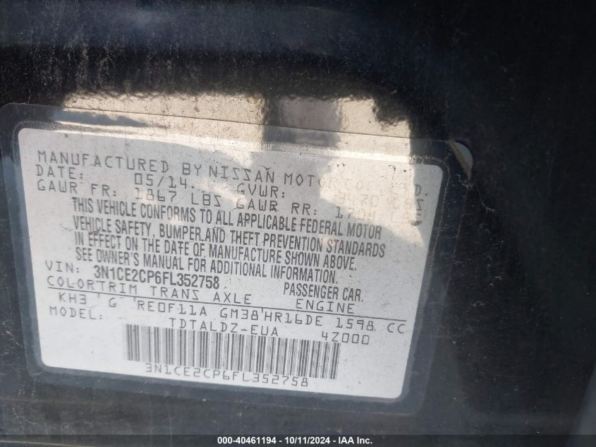 3N1CE2CP6FL352758 2015 Nissan Versa Note S (Sr)/S Plus/Sl/Sr/Sv