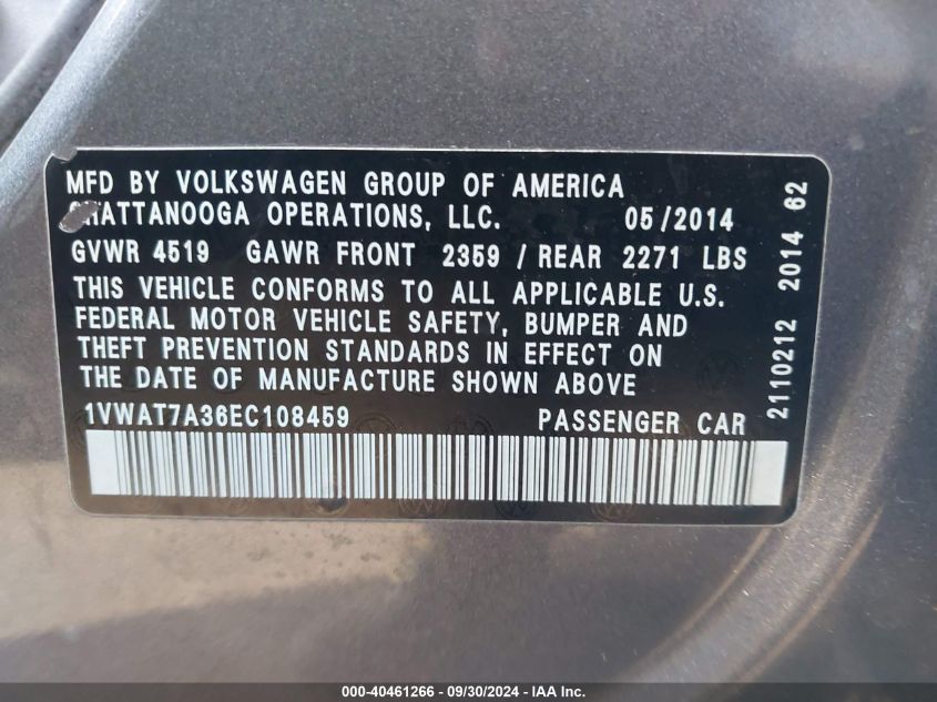 1VWAT7A36EC108459 2014 Volkswagen Passat S