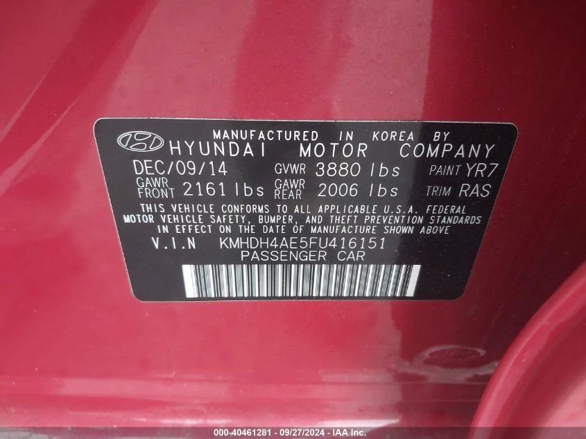 2015 Hyundai Elantra Se VIN: KMHDH4AE5FU416151 Lot: 40461281