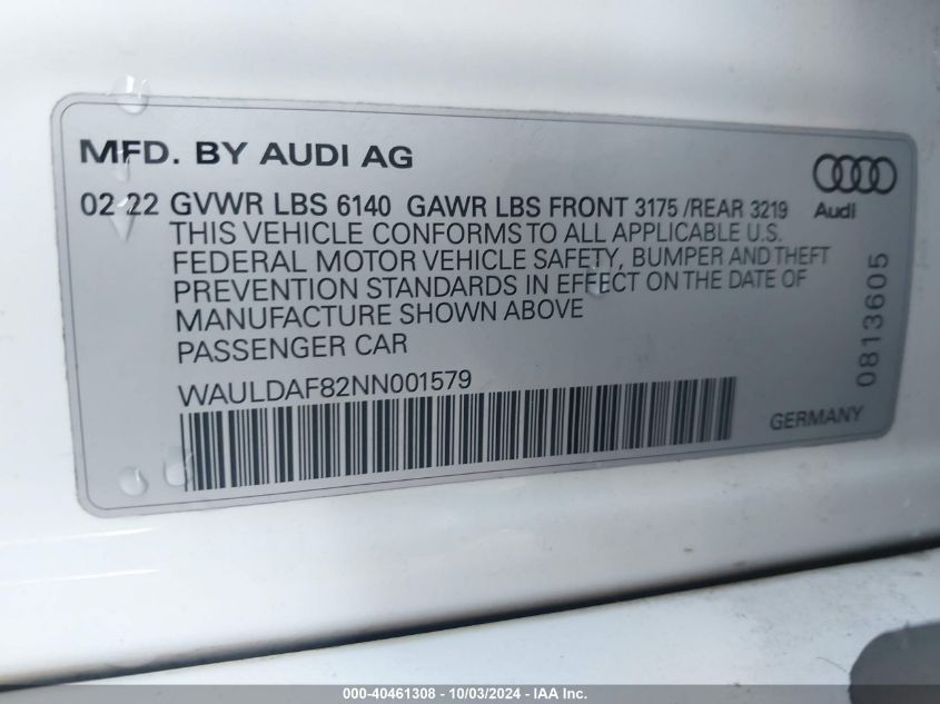 2022 Audi A8 L 55 Tfsi Quattro Tiptronic VIN: WAULDAF82NN001579 Lot: 40461308