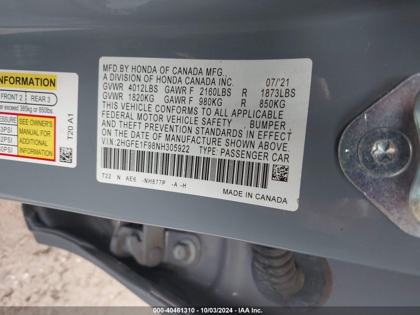 VIN 2HGFE1F98NH305922 2022 HONDA CIVIC TOURING