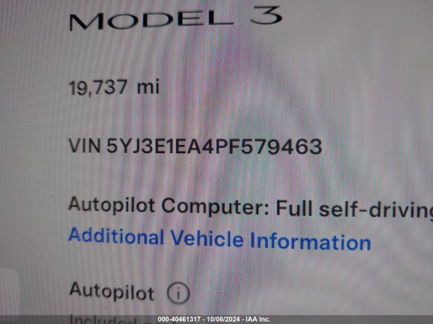 2023 Tesl Model 3 Rwd Rear-Wheel Drive VIN: 5YJ3E1EA4PF579463 Lot: 40461317