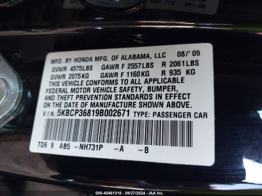 5KBCP36819B002671 2009 Honda Accord 3.5 Ex-L