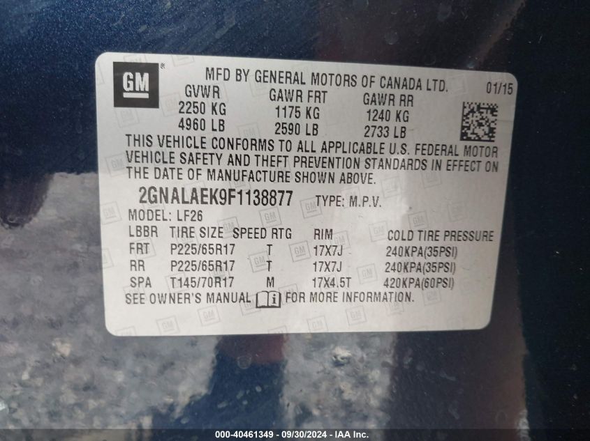 2GNALAEK9F1138877 2015 Chevrolet Equinox Ls