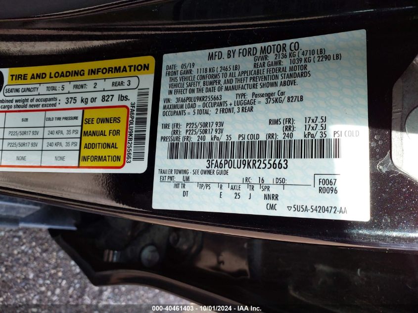 3FA6P0LU9KR255663 2019 Ford Fusion Hybrid Se