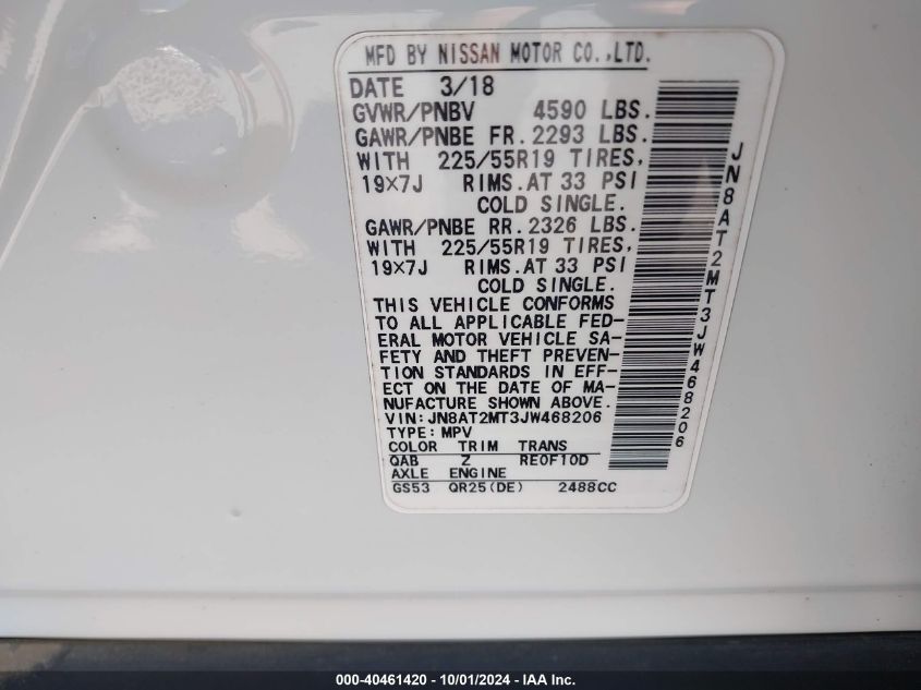 2018 Nissan Rogue Sl VIN: JN8AT2MT3JW468206 Lot: 40461420