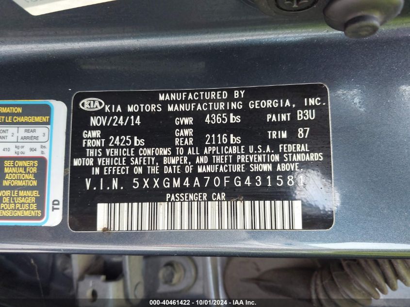 2015 Kia Optima Lx VIN: 5XXGM4A70FG431581 Lot: 40461422