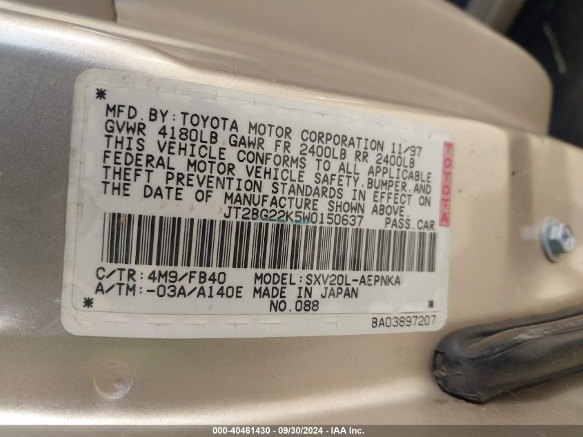 JT2BG22K5W0150637 1998 Toyota Camry Le