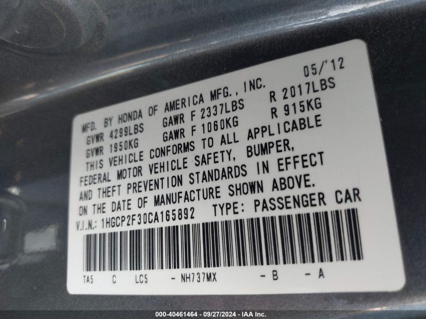 1HGCP2F30CA165892 2012 Honda Accord 2.4 Lx