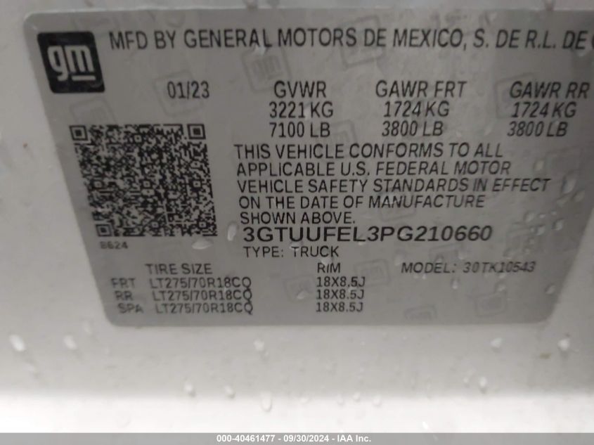 2023 GMC Sierra 1500 4Wd Short Box At4X VIN: 3GTUUFEL3PG210660 Lot: 40461477