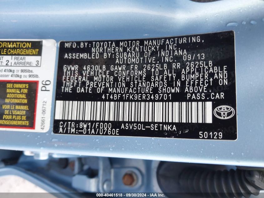4T4BF1FK9ER349701 2014 Toyota Camry L/Se/Le/Xle