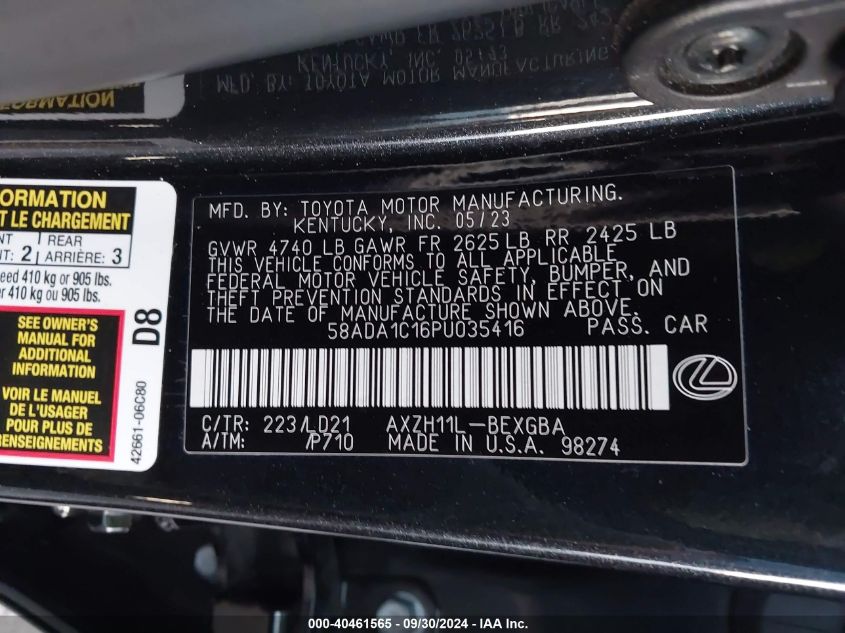 2023 Lexus Es 300H 300H Base/300H Luxury/300 VIN: 58ADA1C16PU035416 Lot: 40461565