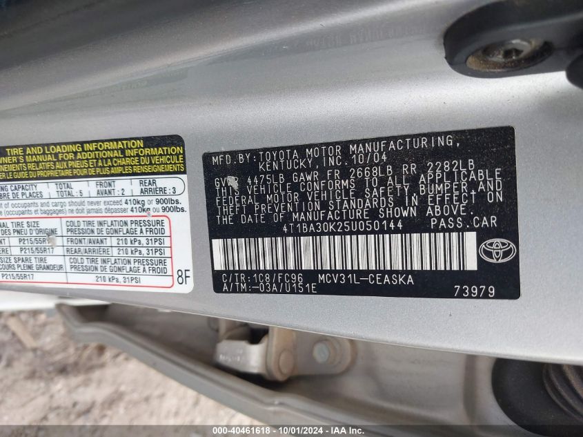 4T1BA30K25U050144 2005 Toyota Camry Se V6