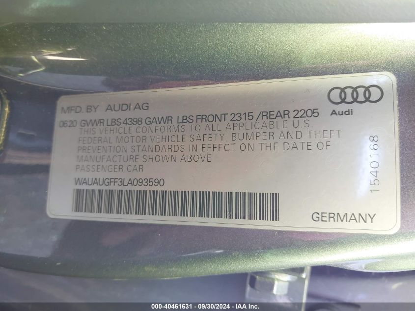 2020 Audi A3 Premium 40 Tfsi Front-Wheel Drive S Tronic VIN: WAUAUGFF3LA093590 Lot: 40461631