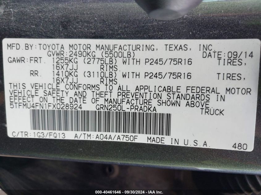 2015 Toyota Tacoma Base V6 VIN: 5TFMU4FN1FX028924 Lot: 40461646