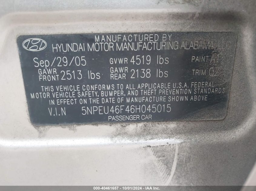 5NPEU46F46H045015 2006 Hyundai Sonata Gls V6/Lx V6