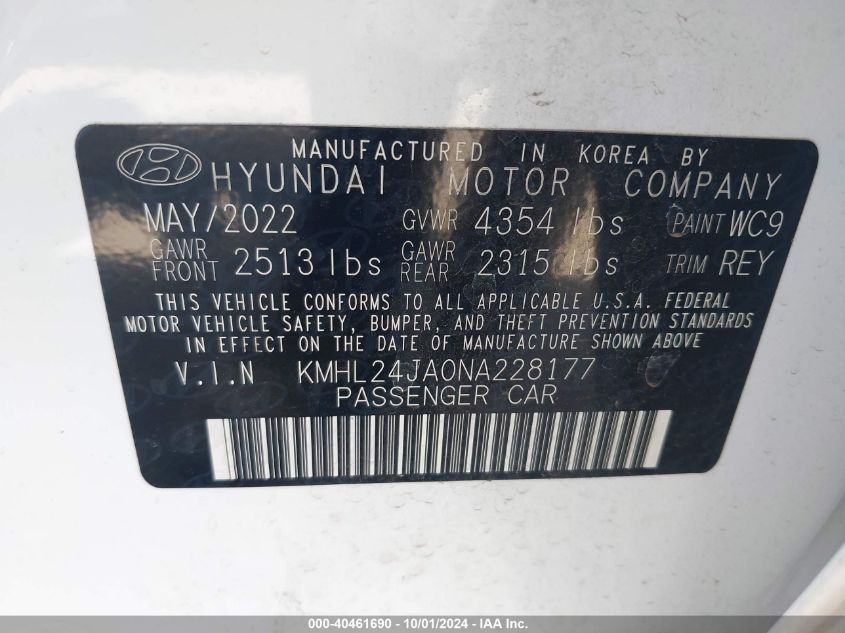 2022 Hyundai Sonata Se VIN: KMHL24JA0NA228177 Lot: 40461690