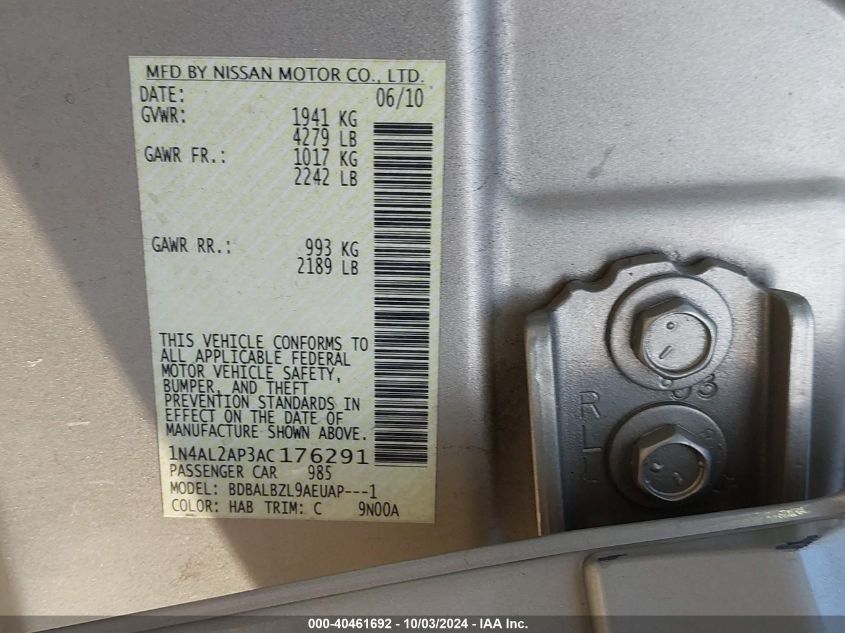 1N4AL2AP3AC176291 2010 Nissan Altima 2.5 S