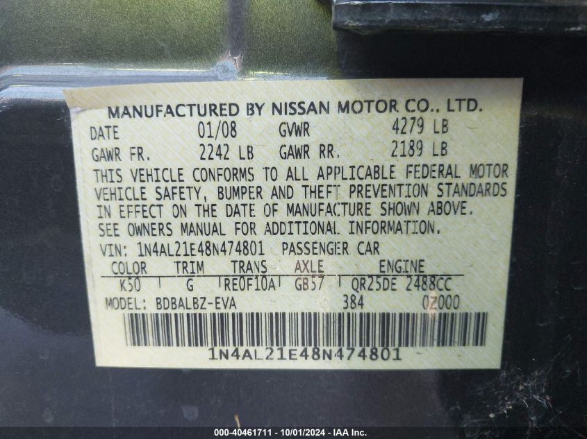 1N4AL21E48N474801 2008 Nissan Altima 2.5 S