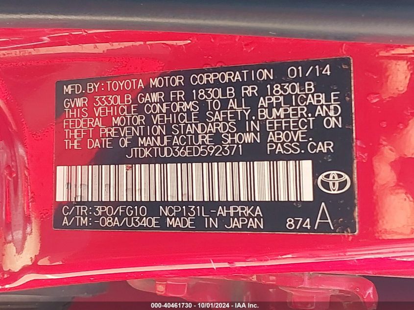 2014 TOYOTA YARIS VIN: JTDKTUD36ED592371