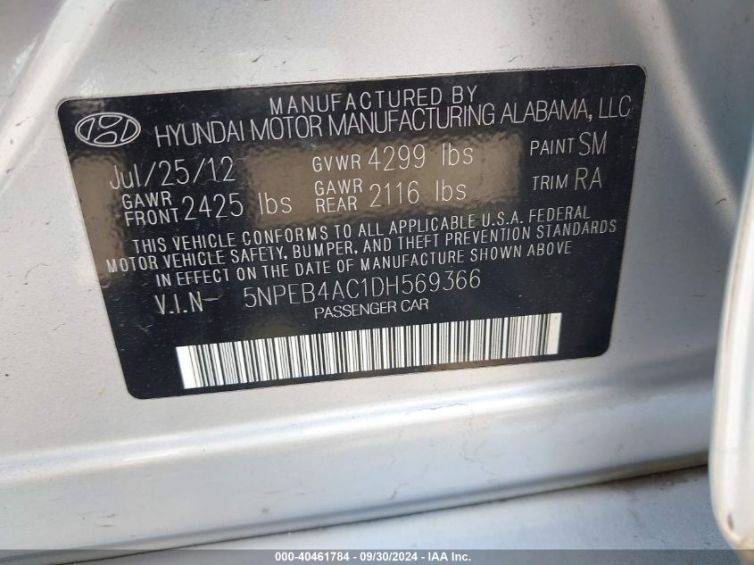 5NPEB4AC1DH569366 2013 Hyundai Sonata Gls