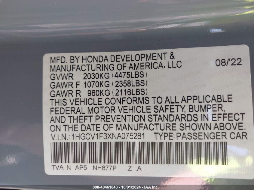 1HGCV1F3XNA075281 2022 Honda Accord Sport