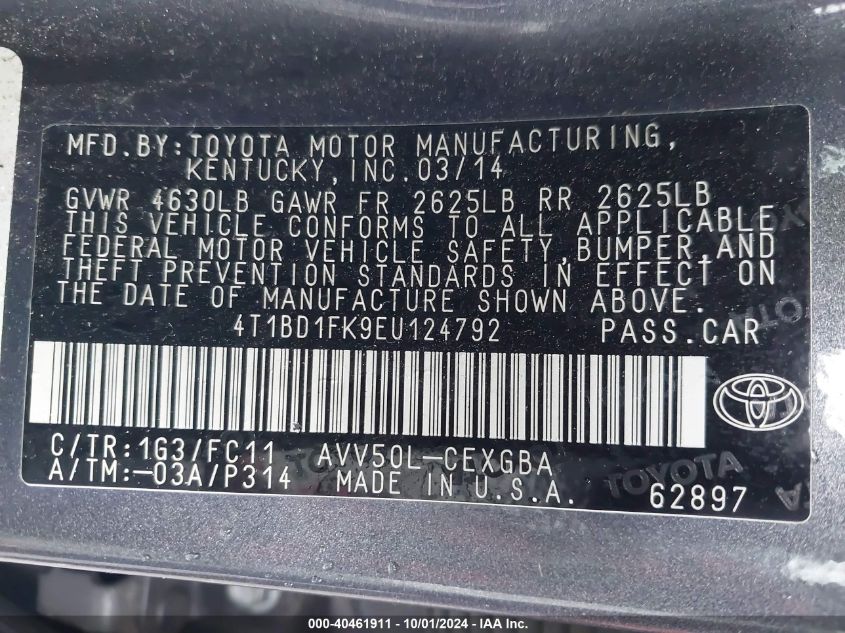 4T1BD1FK9EU124792 2014 Toyota Camry Hybrid Xle