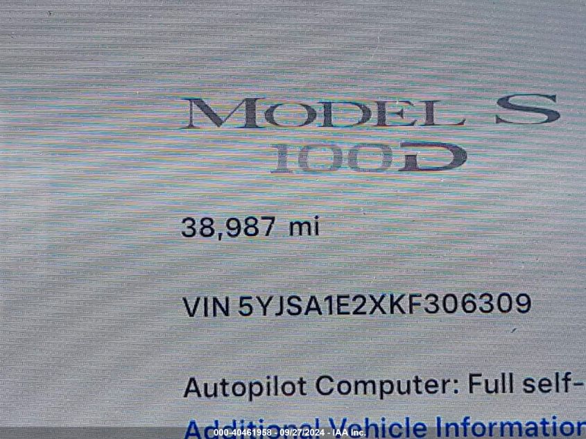 2019 Tesla Model S 100D/75D/Long Range/Standard Range VIN: 5YJSA1E2XKF306309 Lot: 40461958