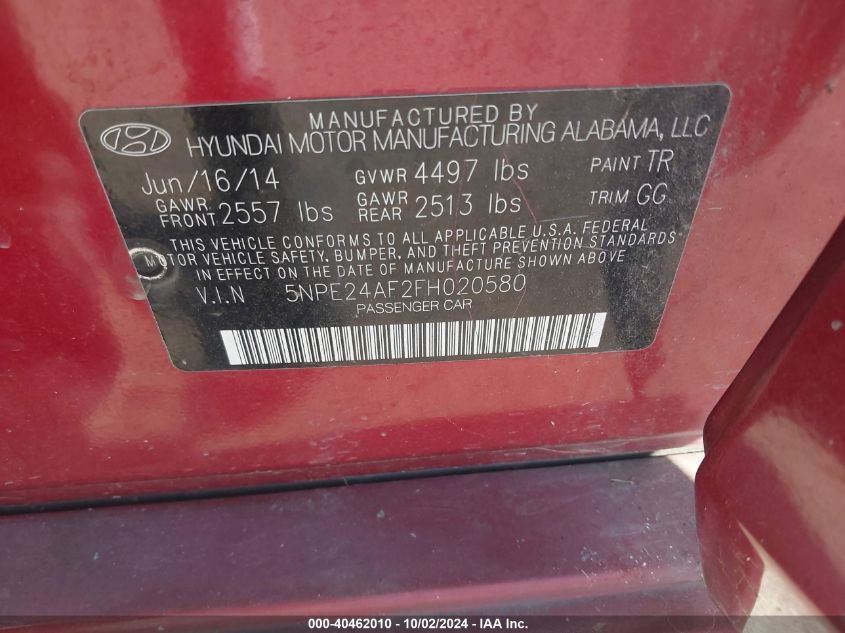 5NPE24AF2FH020580 2015 Hyundai Sonata Se