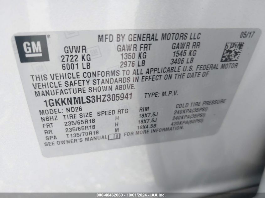 1GKKNMLS3HZ305941 2017 GMC Acadia Slt-1