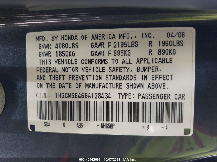 1HGCM56466A128434 2006 Honda Accord 2.4 Lx