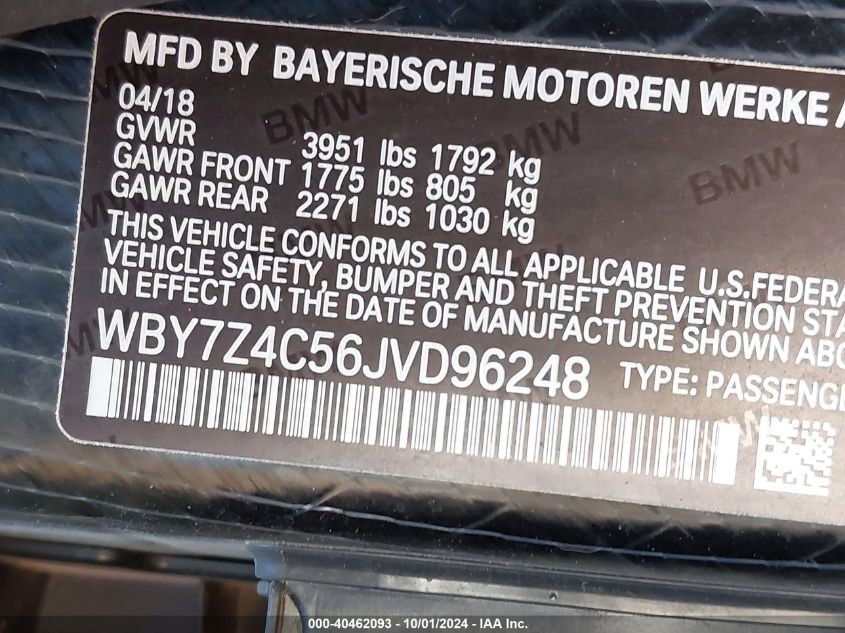 2018 BMW I3 Rex VIN: WBY7Z4C56JVD96248 Lot: 40462093